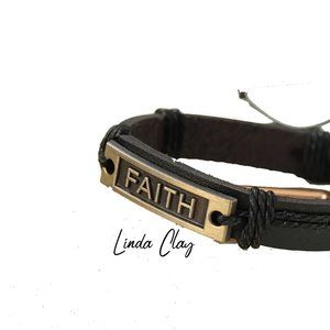Men's Vintage Black Leather Braided Adjustable Bangle 'Faith' Bracelet